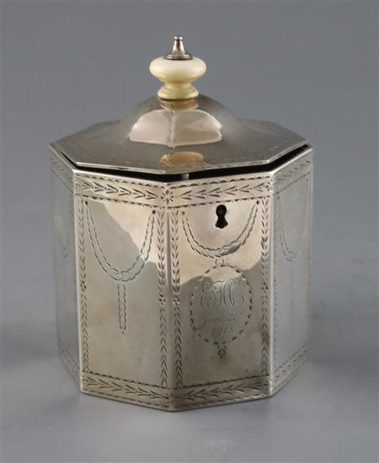 A George III silver octagonal tea caddy by William Turton, gross 13 oz.